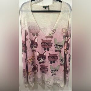 Zara Cat Print V-Neck Sweatshirt - Pink and Gray